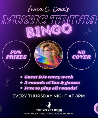 The purple flyer reads "Music Trivia Bingo, fun prizes, no cover, guest DJs every week, 3 rounds of fun and games, free to play all rounds! Every Thursday night at 8 p.m."